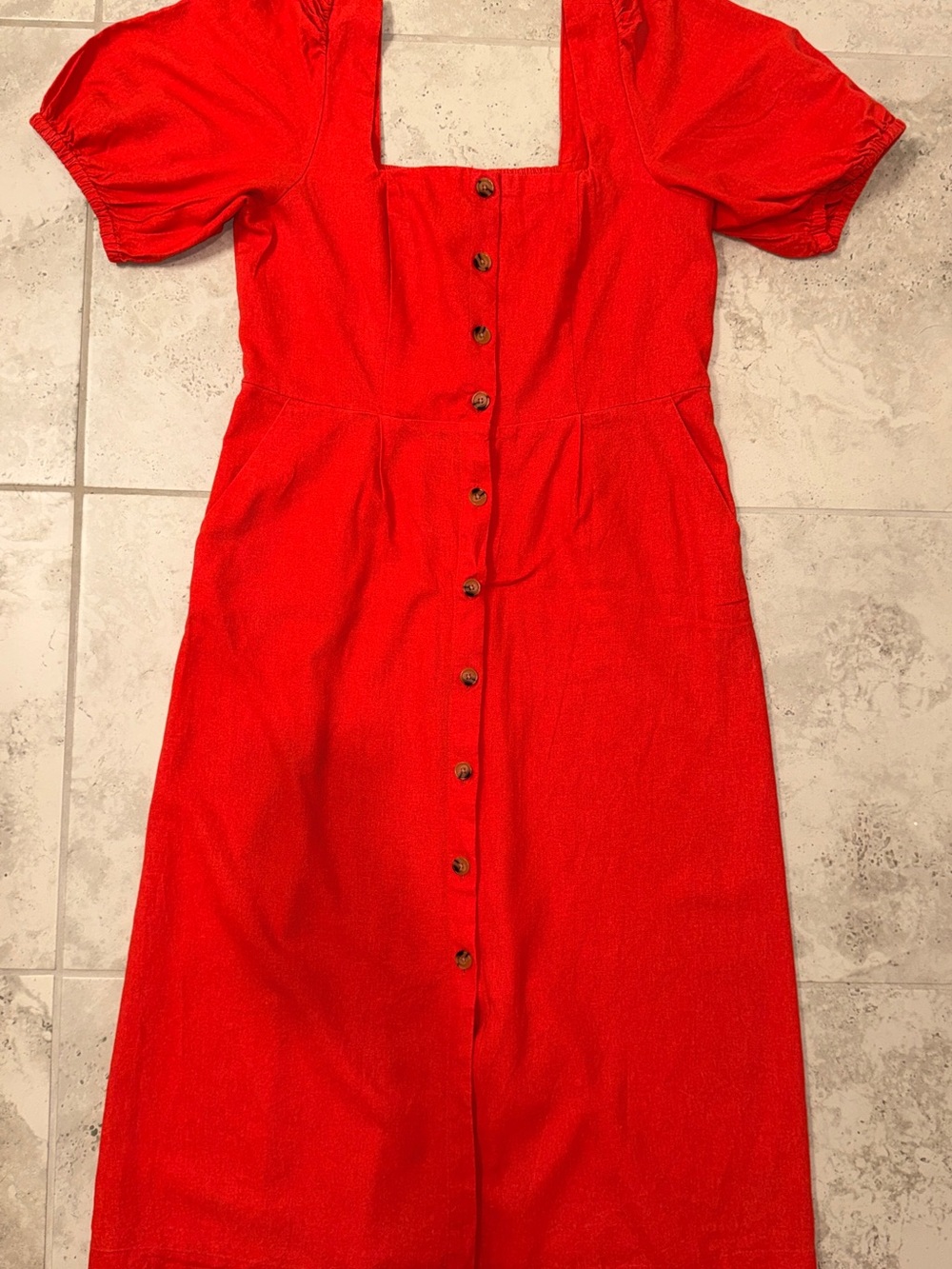 Coral Red Puff Sleeve Square Neck Linen Blend Button-Down Dress